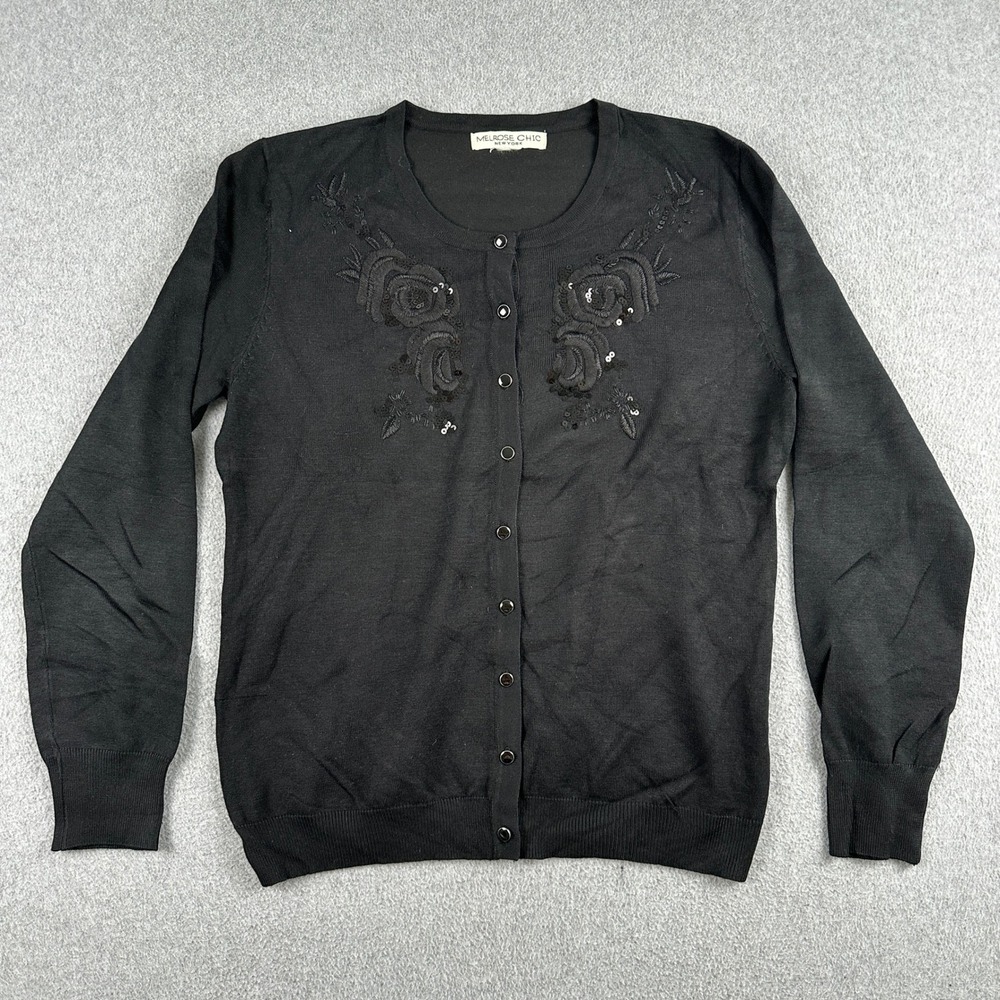 Melrose Chic Cardigan Womens L Black Floral Sequin Embroidered Button Front Knit